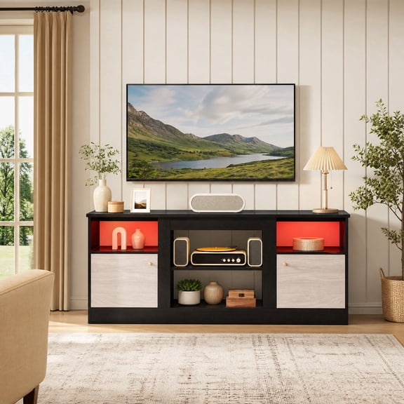 Modern TV Stand for TVs up to 65” with 2 Door & Adjustable Shelf , LED Entertainment Center ,Black