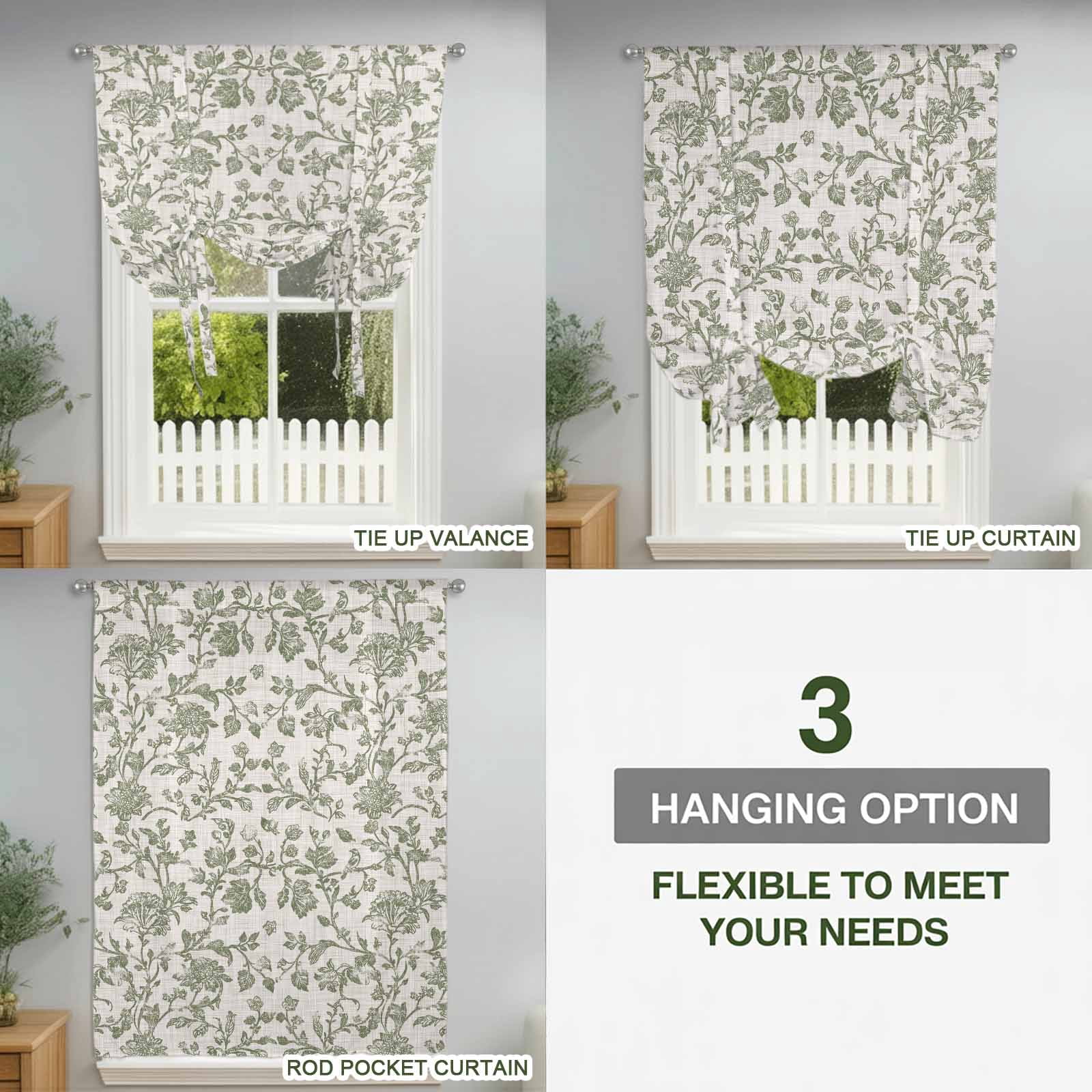 Pastoral Flowers Tie Up Curtains, Green Flower Vintage Linen Texture Adjustable Rod Pocket Balloon Curtains Light Blocking Window Treatment for Kitchen Living Room Bedroom, 34 × 45 In
