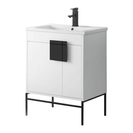 Fine Fixtures - Modern White 30 Bathroom Vanity Set Black Matte Hardware Vitreous China Sink Top