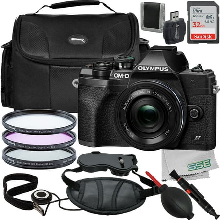 Ultimaxx Essential Accessory Bundle + Olympus OM-D E-M10 Mark IV Mirrorless Camera with 14-42mm EZ Lens (Black) + SanDisk 32GB Ultra Memory Card & More (18pc Bundle)