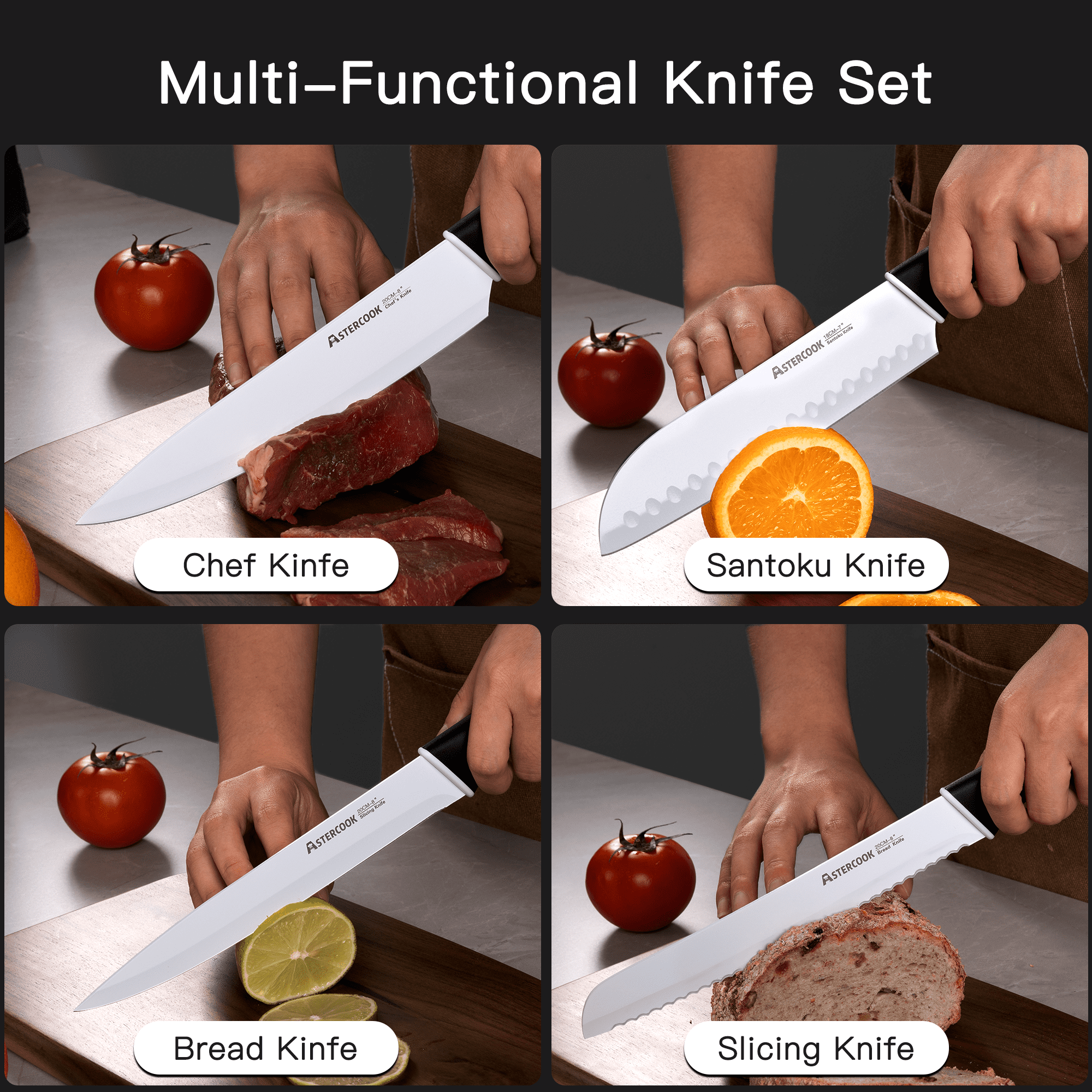 Astercook Knife Set, 14 Pieces Kitchen Knives Set with Healthy Anti-Rust Coating, Stainless Steel Knife Sets with Built-in Sharpener, Sharp & Rust Resistant Dishwasher Safe Elegant Black