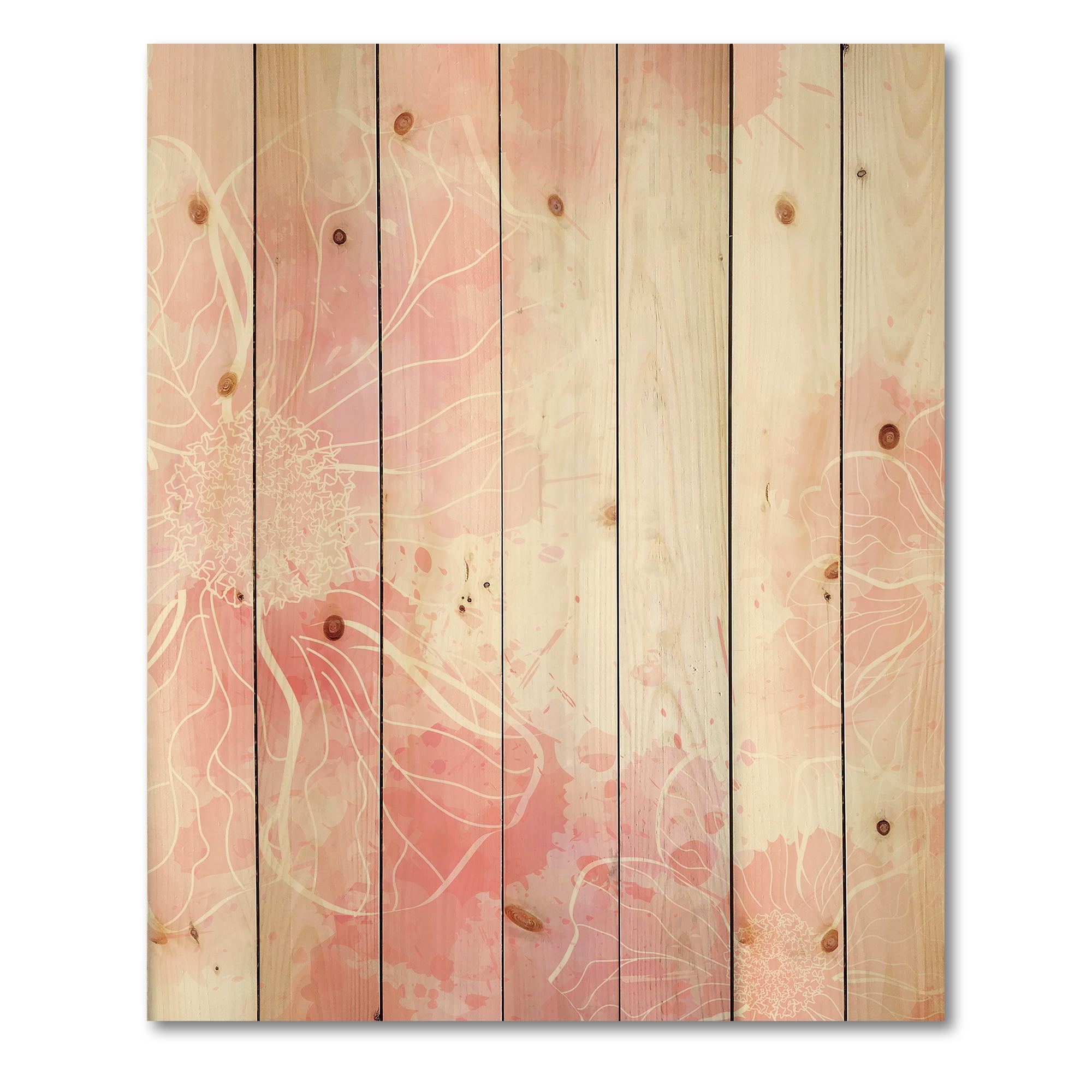 Designart 'Abstract Splashes of Pink Flowers I' Modern Print on Natural Pine Wood