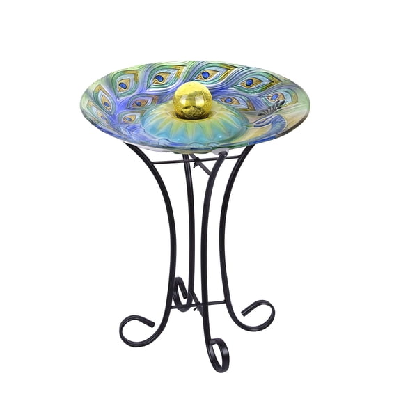 Hi-Line Gift Ltd. Orb Peacock Solar Glass Bird Bath with Stand