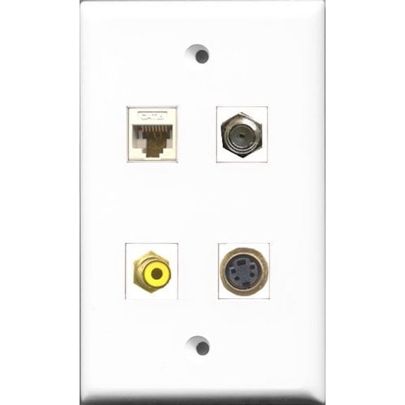 RiteAV 1 Port RCA Yellow and 1 Port Coax Cable TV- F-Type and 1 Port S-Video and 1 Port Cat6 Ethernet White Wall Plate