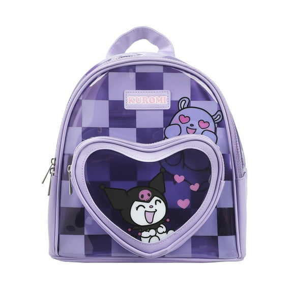 Kuromi & Baku Hearts 10" Purple Checkered Women's Mini Backpack