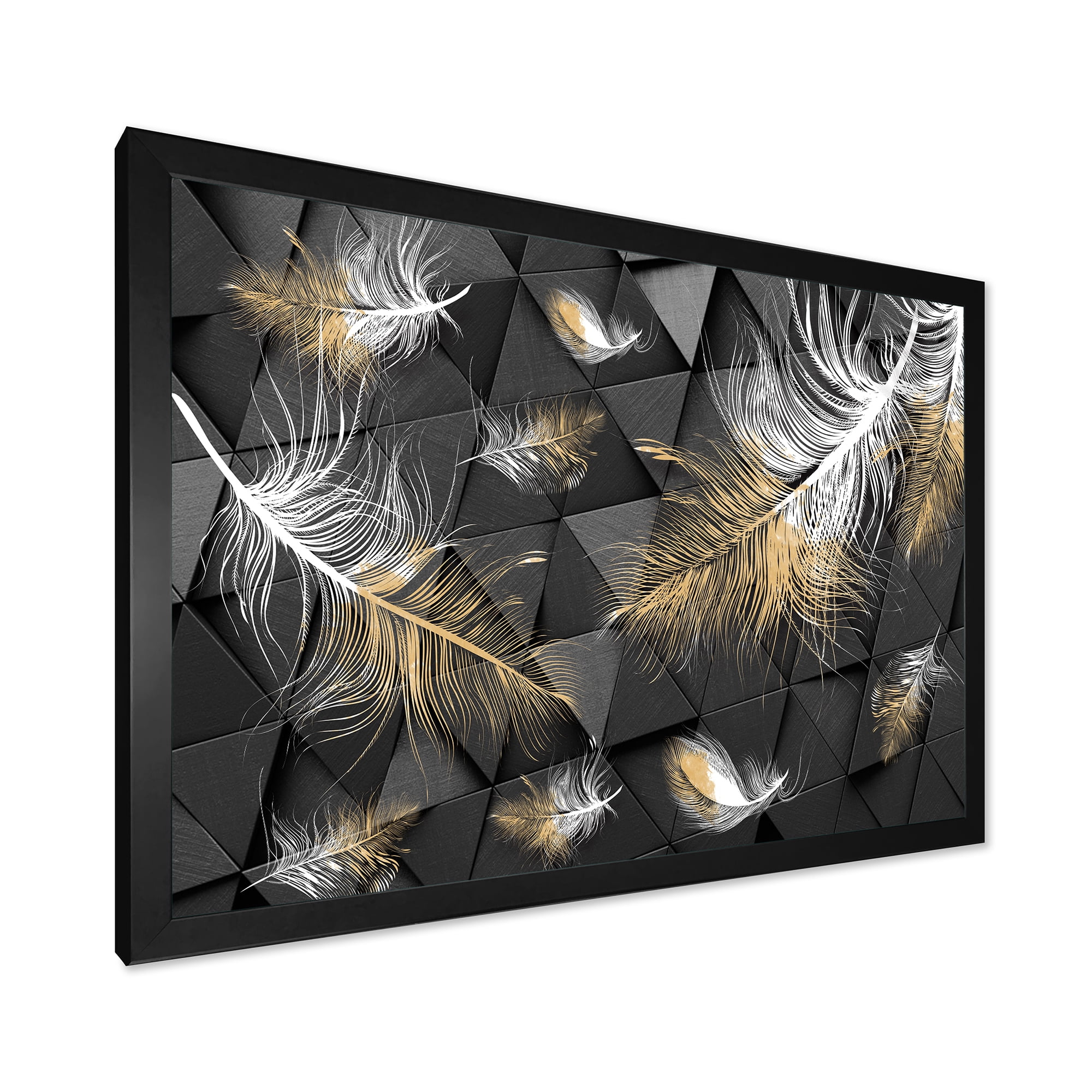 Designart 'Gold and White Feathers On Triangular' Modern Framed Art Print
