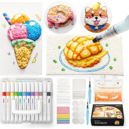 Shuttle Art 44 Pcs Magic Form Texture Painting Kit, Including 28 Pcs Foam Texture Paper, 12 Colors Brush Tip Acrylic Paint Markers, Magical 3D Effect Texture Painting Kit