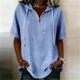 thumbnail image 2 of GUACER Womens Striped Hoodies Short Sleeve Cotton Linen Zipper Tops Casual Summer Shirts, 2 of 6