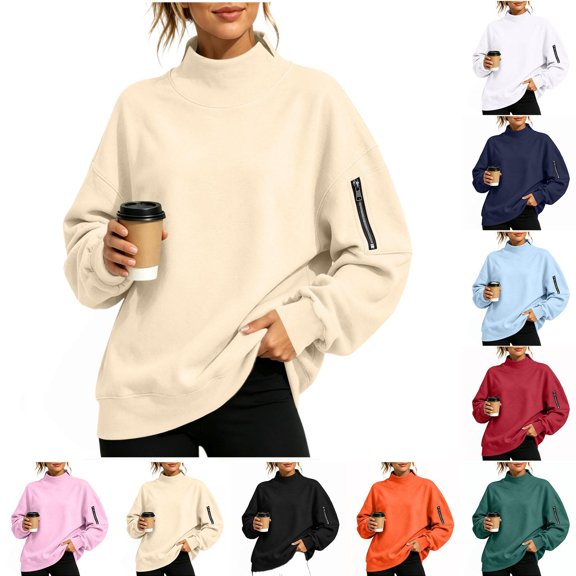 Tqcoqu Mock Neck Sweatshirt For Women,Long Sleeve Loose Fit Casual Pullover Top With Side Zipper Pockets