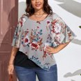 thumbnail image 3 of Estampado Casual Chal Top Cuello Redondo Asimétrico Transpirable Gasa Chal Blusa para Fiesta Compras Viajes Gris 3XL, 3 of 8