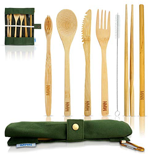 Lightweight 8-Piece Travel Utensil Wooden Kitchen Kit Eco-Friendly Bamboo Cutlery Set Compact Portable and Reusable Utensils with Case Newman Ware Bamboo Utensils Set