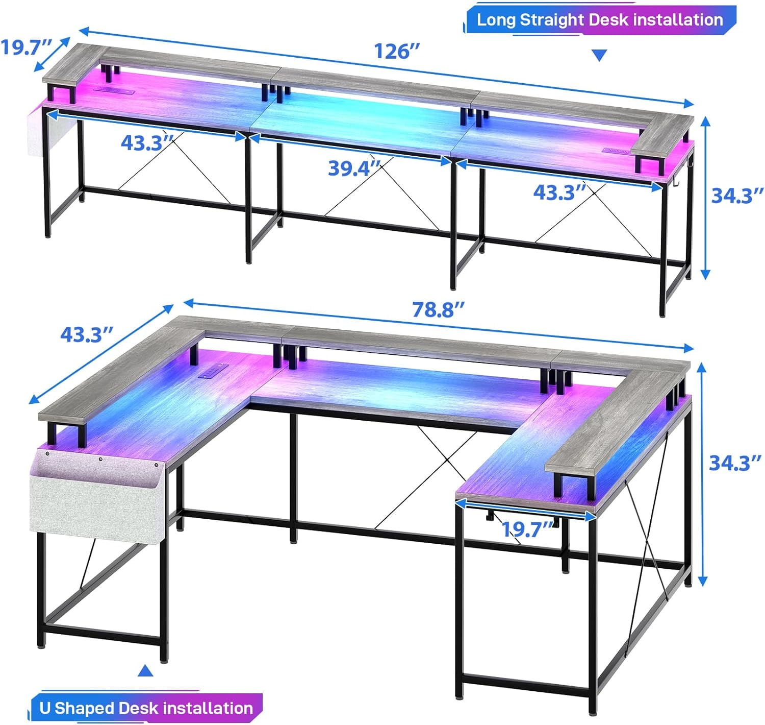 U Shaped Desk with Power Outlets & LED Lights, 79" Reversible L Shaped Desk, Corner Computer Desk Office Desk with Full Monitor Stand, Oak