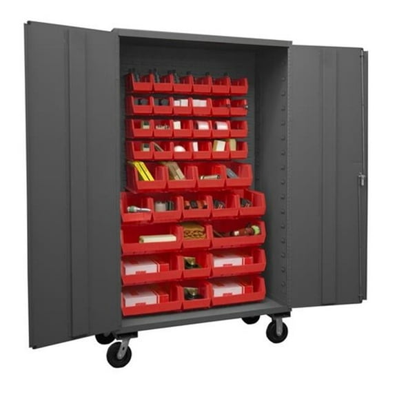 48 in. 16 Gauge Flush Door Style Lockable Mobile Storage Cabinet with 42 Red Hook on Bins, Gray