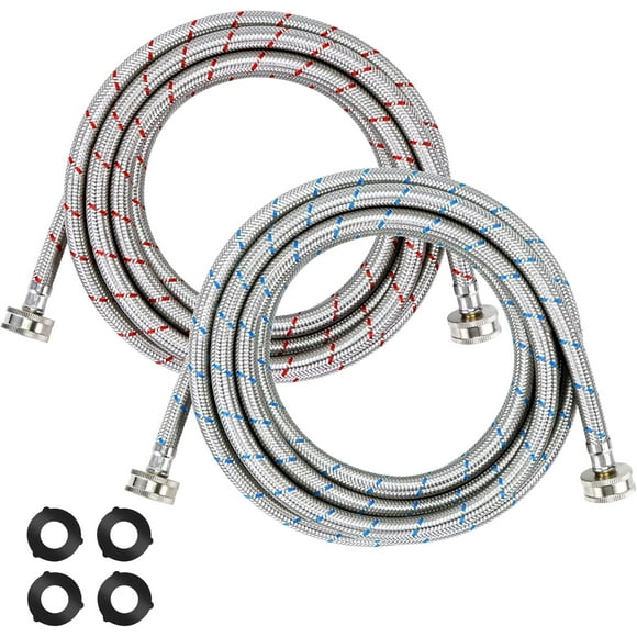 15ft LONG Washing Machine Hoses UPGRADE by - Braided Stainless Steel Washer Hoses - Hot and Cold Water Lines 3/4'' Standard Interface -Burst Proof Leak Free Hose (2 Pack) - 10 YEARS GUARANTEE