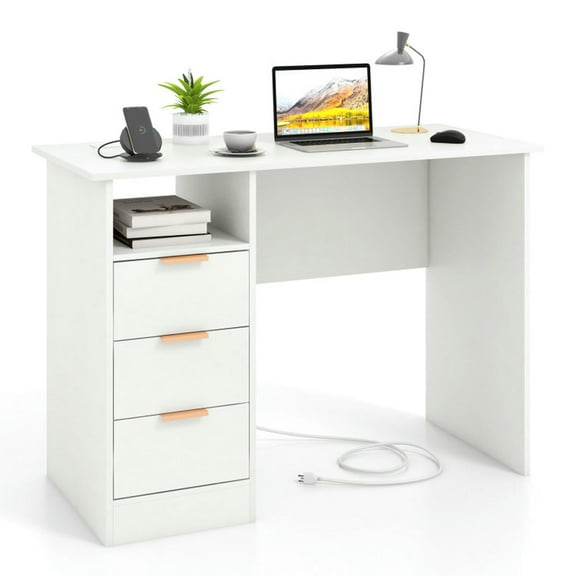 Spaco Home Office Desk with Power Outlet 3 Storage Drawers and Open Compartment-White, Office Desk, Gaming Computer Desks for Study,Working,Writing