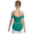 thumbnail image 2 of YiZYiF Kids Girls Short Sleeve Gymnastics Leotard Athletic Dance Bodysuit Sparkle Rhinestones Green 6, 2 of 6