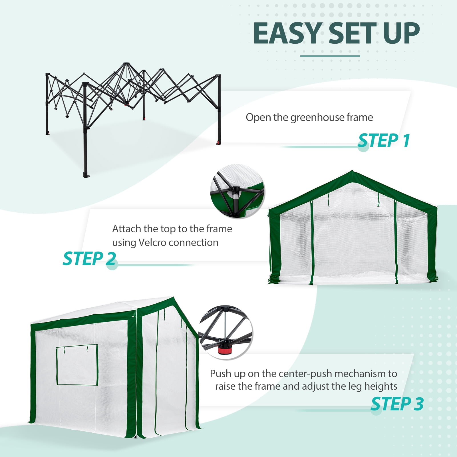 EAGLE PEAK 8 x 8ft Portable Walk-in Greenhouse with Roll-up Zipper Entry Door and 3 Large Roll-Up Screen Windows, Green/White