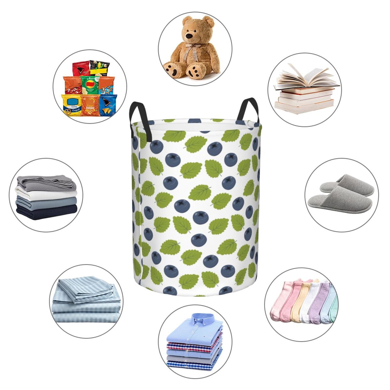 Large Laundry Basket with Handles - Cute Blueberry Light Green Leaves Kids Baby Dirty Clothes Laundry Hamper for Bedroom Aesthetic