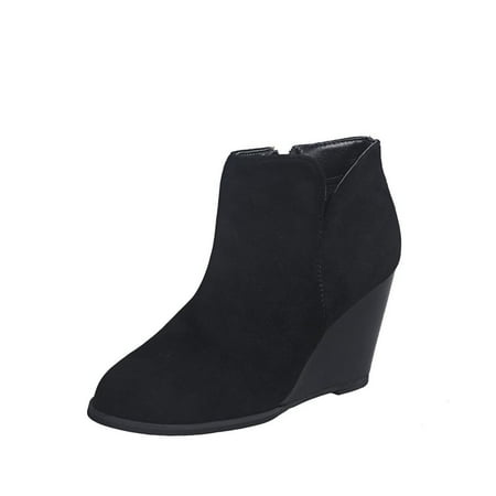 

KBKYBUYZ Vintage Women Ankle Boots Round Toe Zipper Wedge Heel Short Shoes