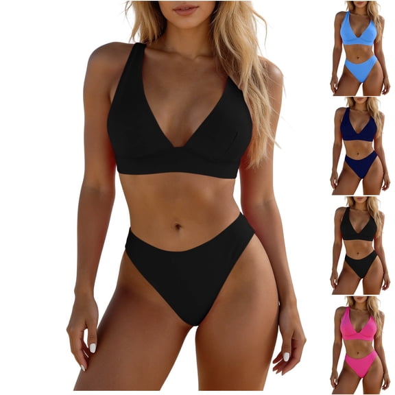 Womens High Waisted Thong Bikini Sets Triangle Top Deep V Neck Two Piece Swimsuit Bathing Suits Black XL(XL)