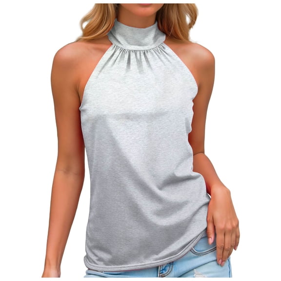 felwors Summer Sleeveless Neck Halter Tank Tops Back Pleated Casual Keyhole Cami Blouse Light Gray for Size M