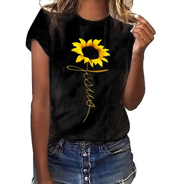 Puntoco Mujeres Niñas Tallas grandes Estampado de girasol Camisetas Manga corta Camiseta Blusa tops Puntoco Puntoco-4484