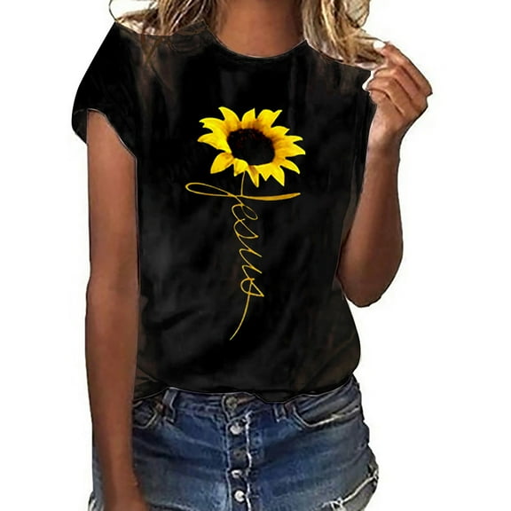 Tejiojio Essentials Short Sleeve Lady's Summer T-Shirt Women Girls Plus Size Sunflower Print Tees T Shirt Blouse Tops