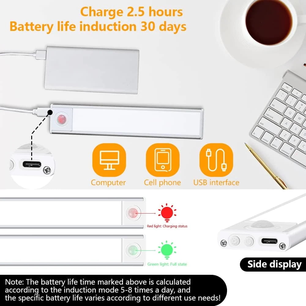 11.8" Rechargeable Under Cabinet Light with Motion Sensor, 3 Color Temperatures for Kitchen, Cabinet, Wardrobe