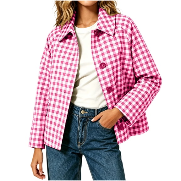 cocolona Cropped Plaid Jacket for Woman Lapel Casual Long Sleeve Oversized Coat Button Down Side Pocket Fall Winter Tops