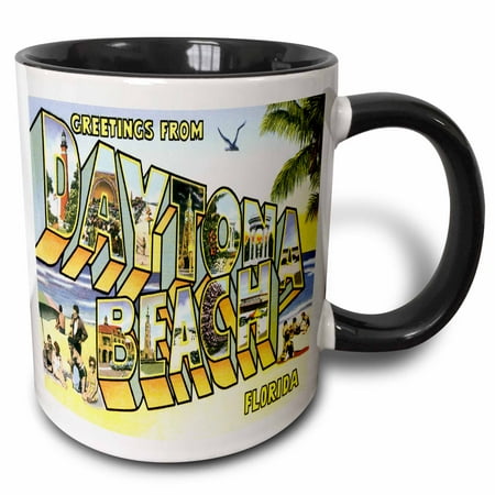

3dRose Greetings From Daytona Beach Florida Bold Lettering with City Scenes - Two Tone Black Mug 11-ounce