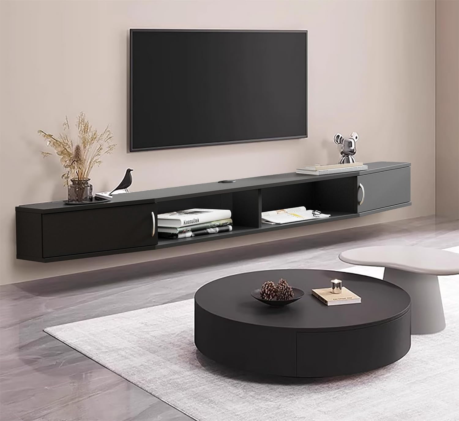 Wall Mounted Media Console with Power Outlets 70", Floating TV Stand Component Shelf for 70 inches TV, Entertainment Storage Shelf for Living Room,Bedroom,Black