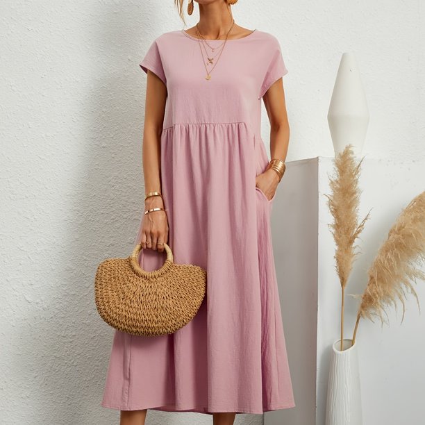 Vestido Sólido De Bolsillo Suelto, Vestido De Verano Informal De Manga Corta Con Cuello Redondo Y Cintura, Ropa De Mujer