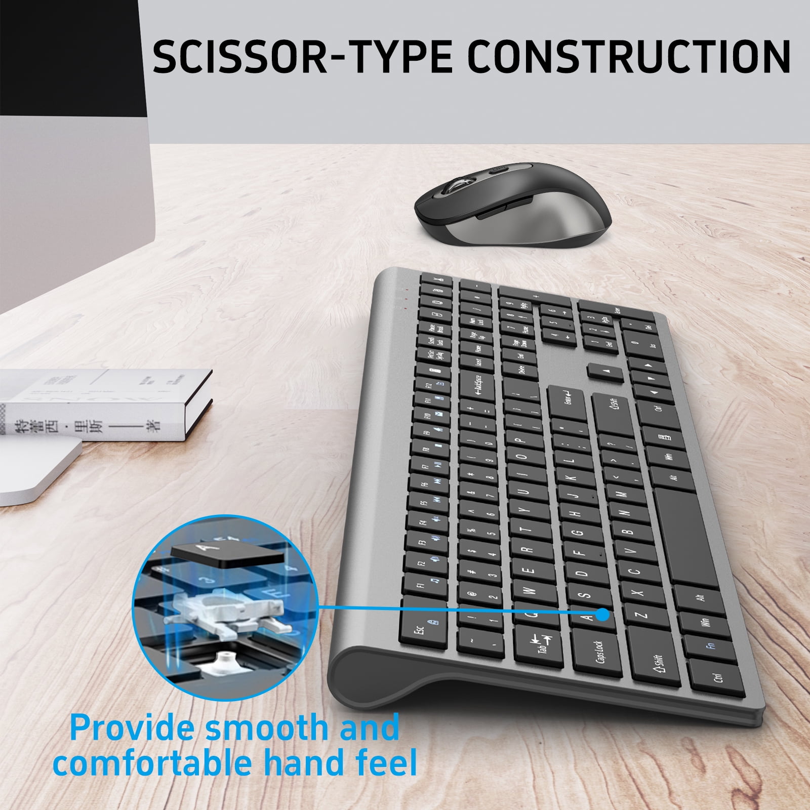Wireless Mouse and Keyboard Combo, Full-Size Computer Keyboard with Calculator Button, 2400 Dpi Ergonomic Mouse, Ultra-Thin Cordless USB Keyboard and Mouse Set for Laptop Windows Mac - Black Gray