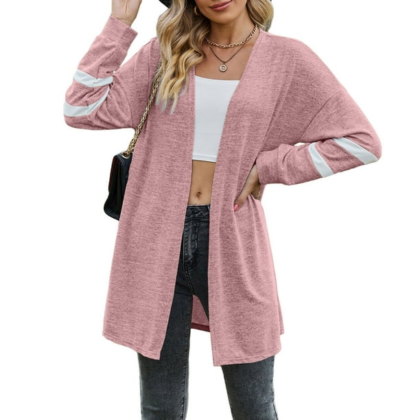 Suéter de mujer, abrigo abierto al frente, manga larga, suave, cómodo, informal, largo, de punto, para uso diario, rosa, talla S