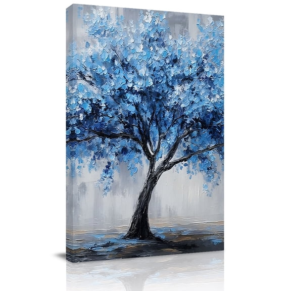 Blue Floral Canvas Wall Art for Living Room, Classical Flower Botanical Abstract Modern Oil Painting Wall Decor Framed Artwork Pictures Ready to Hang for Bedroom Office Home Decor
