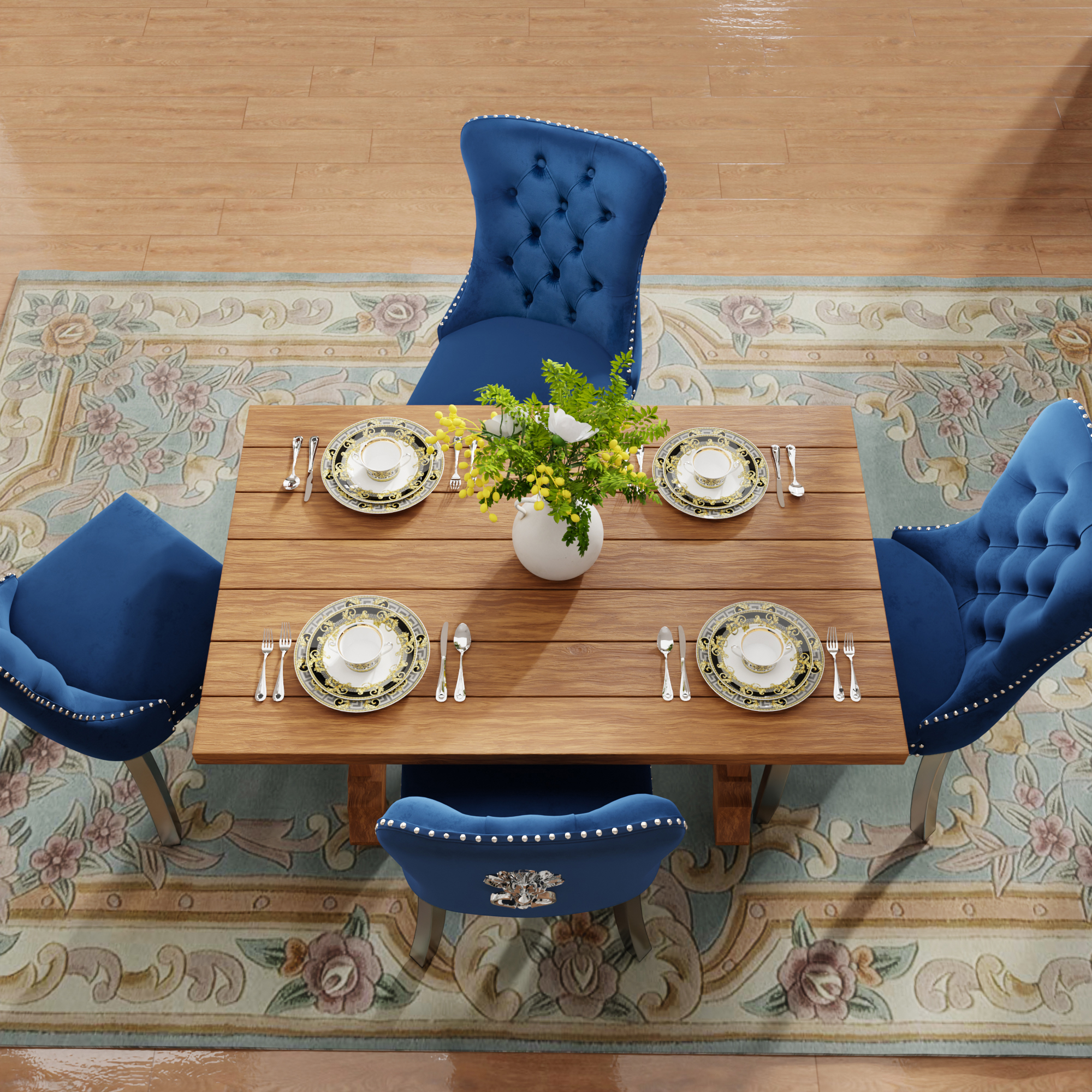 DONICK Velvet Upholstered Dining Chairs,Kitchen & Dining Room Chairs,Nailheads Tufted,Soft,Solid Wood Frame(Blue Silver,Set of 6)