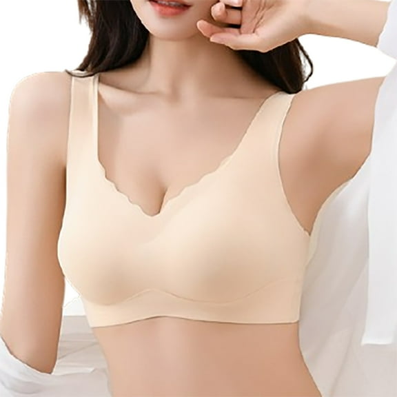 GEWSEY Womens Comfortable Wireless Bras Push Up Seamless Bralettes Soft V Neck Brassiere Scalloped Full Coverage Everyday Bra Light Yellow, L
