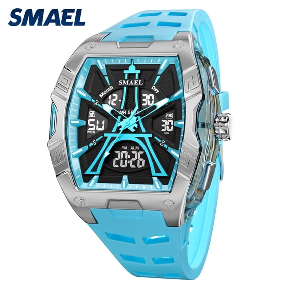Men's Square Wrist Watch Silicone Sports Watch Waterproof Analog Digital Multifunction Clock