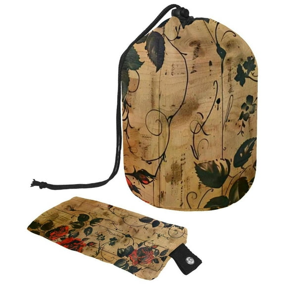 PhooArto Large Barrel Drawstring Makeup Bag, Vintage Rose Wooden Travel Cosmetic Bag Portable Make Up Organizer Bag
