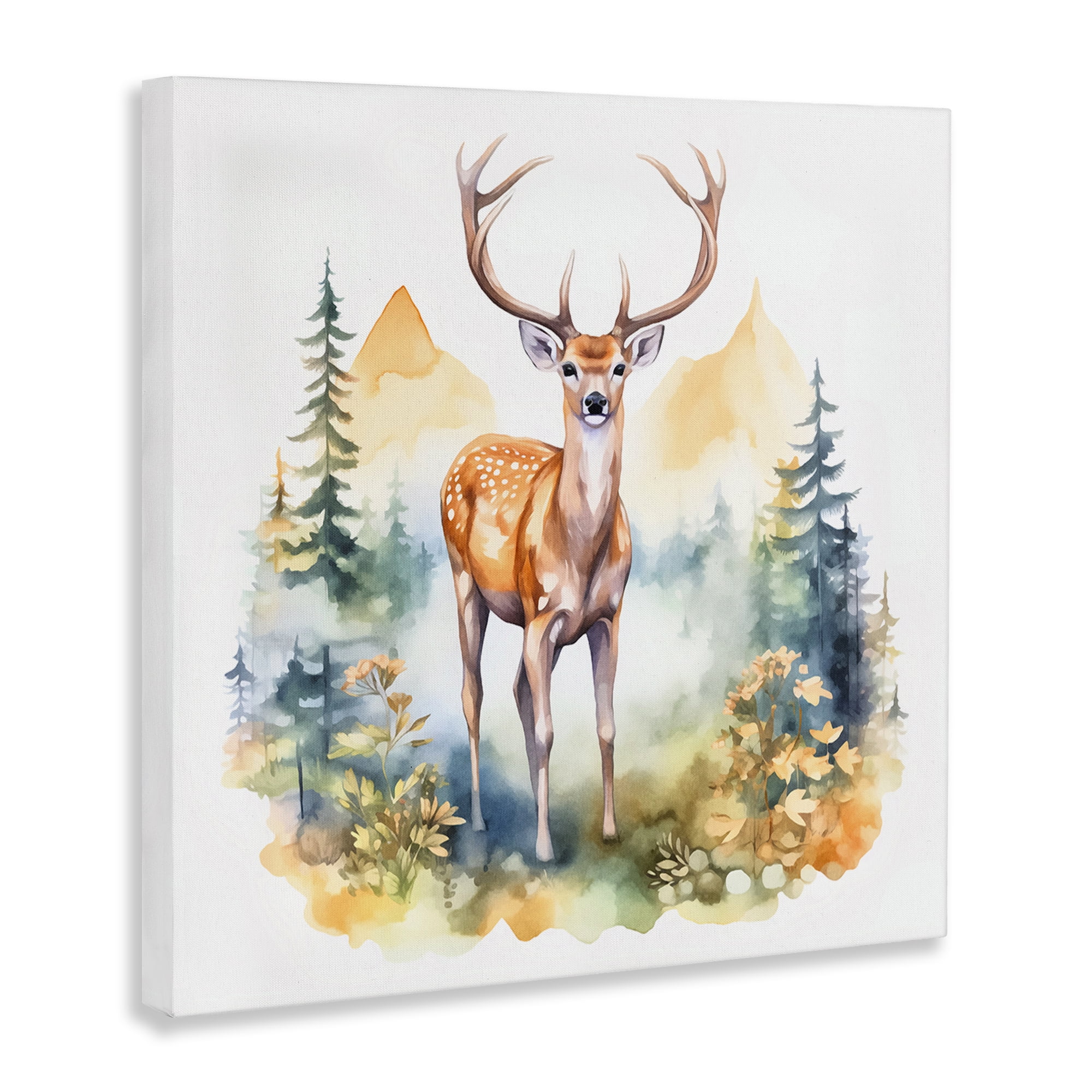 Stupell Industries Wild Deer with Mountains Animals Painting Wrapped Canvas Art Print Wall Art, 24 x 24
