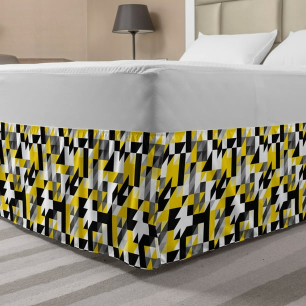 Yellow and White Bed Skirt, Geometric Design with Triangles Squares and