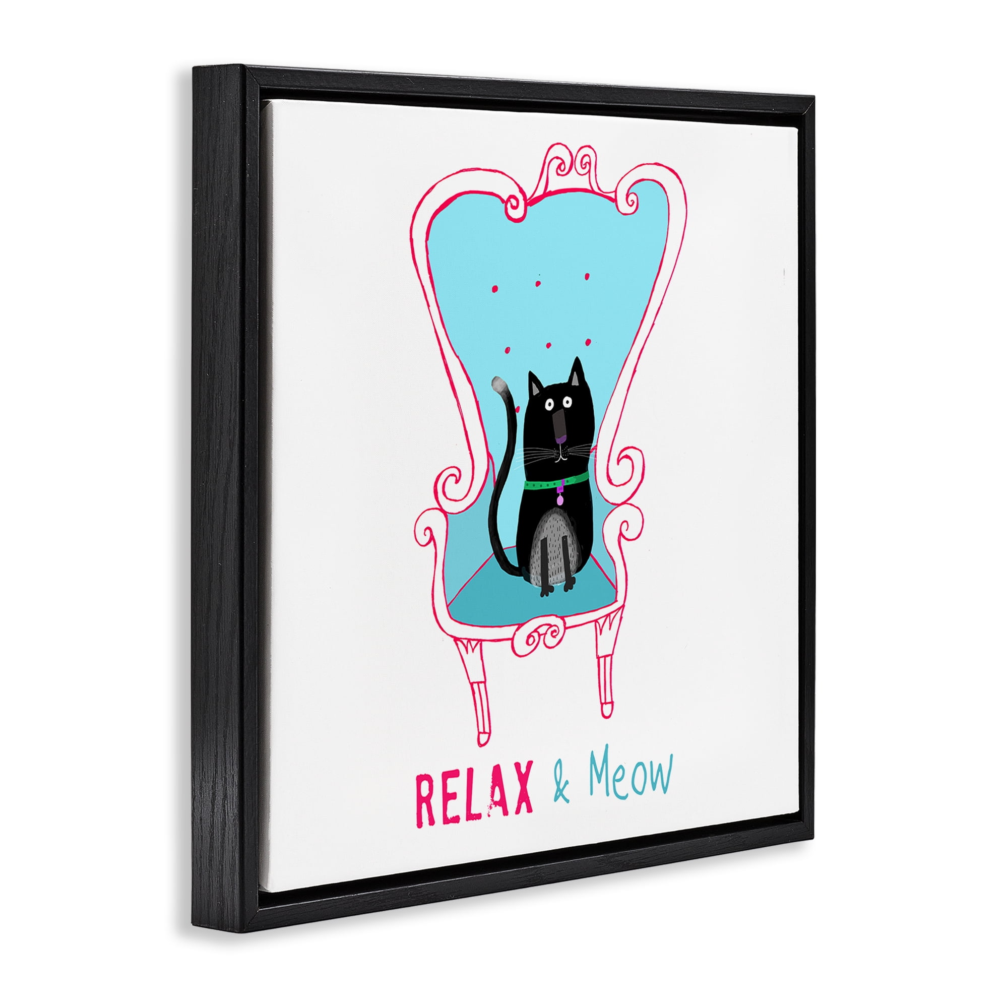 Stupell Industries Relax & Meow Cat Furniture Painting Black Floater Framed Canvas Art Print Wall Art, 18 x 18