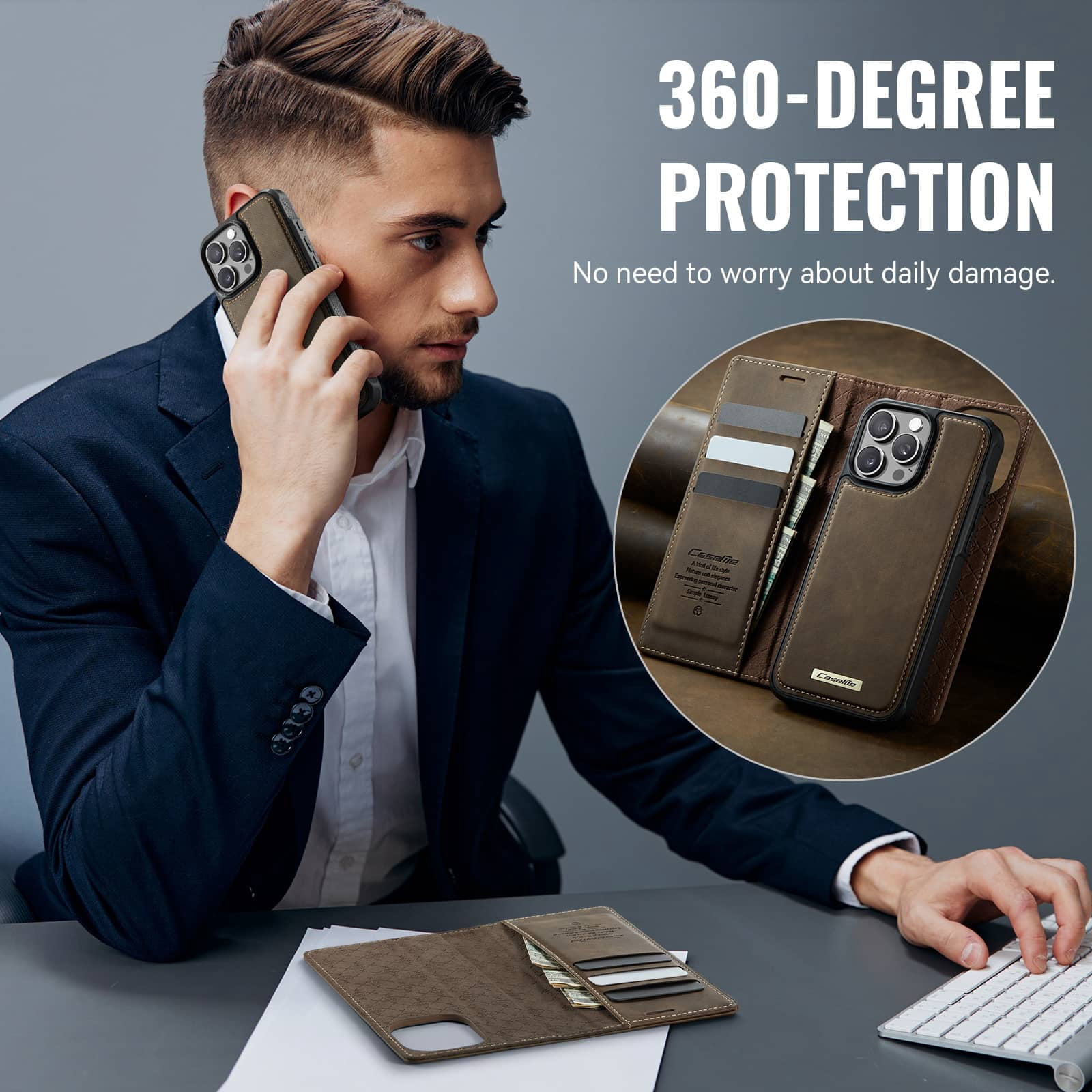 Magnetic 2 in 1 Magsafe Detachable Wallet Case for iPhone 16 Pro Max with Card Holder Women Men, Retro PU Leather【RFID Blocking】Kickstand Shockproof Cover