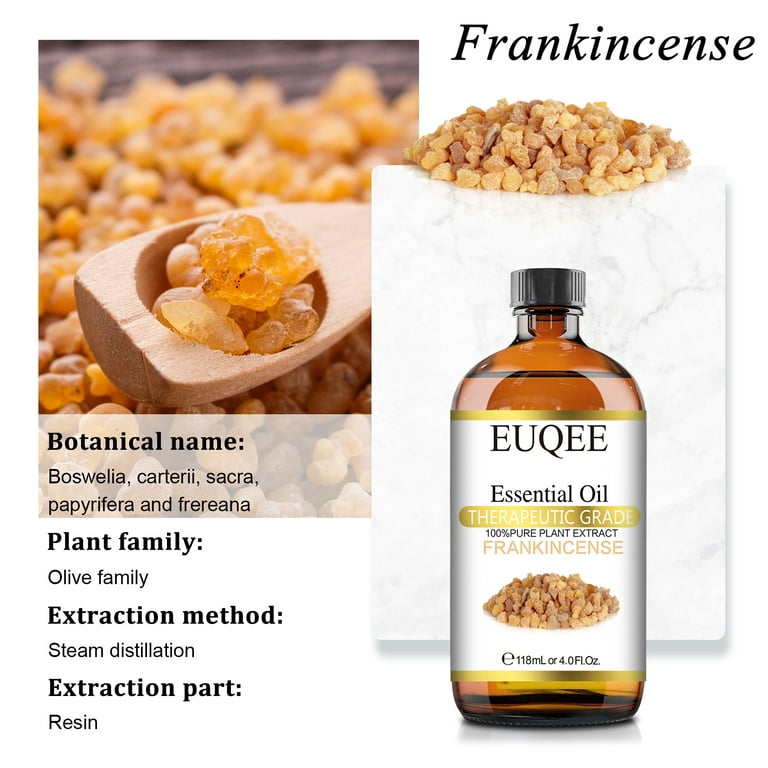 EUQEE Frankincense Essential Oil 118ml Large Bottle Pure Frankincense Oil  Therapeutic Grade Essential Oil with Glass Dropper Perfect for Aromatherapy,  Skin, Diffuser, Sopa Making - 4 Fl.Oz 