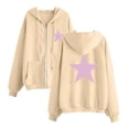 thumbnail image 2 of Women'S Full Zip Up Hoodie Long Sleeved Top Stars Printd Drawstring Hooded Sweatshirts Pockets Jacket Coat With Pockets Khaki M, 2 of 3