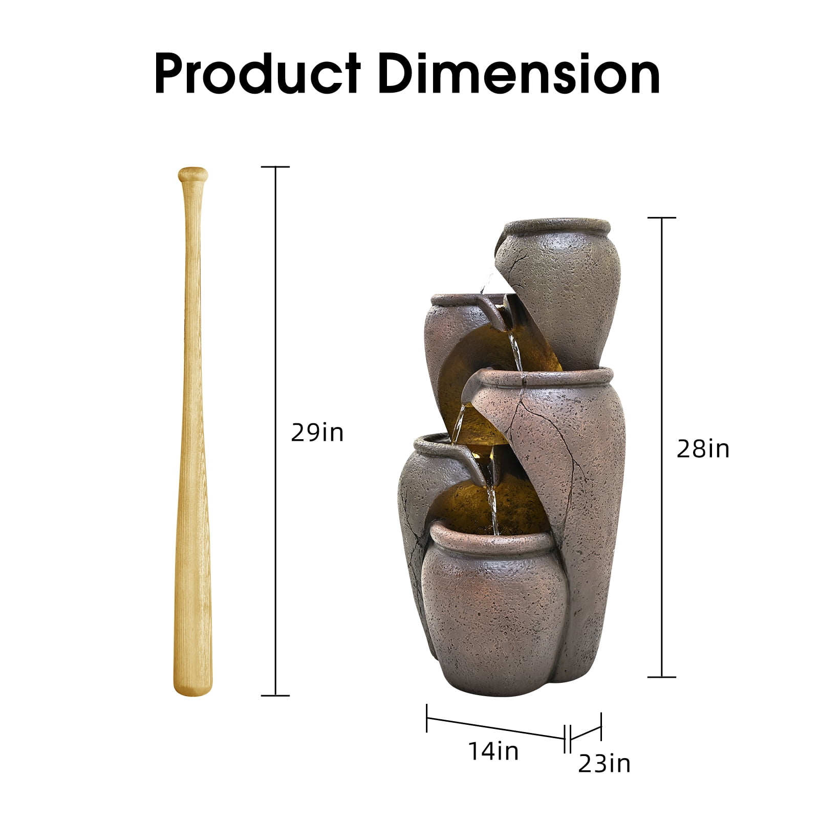 28" Outdoor Garden Water Fountain for Patio, Backyard, Deck, Porch and Home Decor, 4 Tiers Cascading Clay Pot Fountain with Lights & Pump