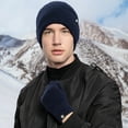 thumbnail image 2 of Beanie Hat Gloves Set Solid Color Soft Thick Wear Resistant Men Winter Warm Knitted Hat Gloves, 2 of 8