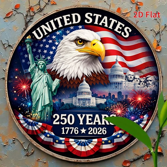 United States th Anniversary Round Aluminum Sign - Bald Eagle & Patriotic Landmarks Wall Decor, 1pc, 8" Wall Art Metal Sign, For Porch, Garden, Bedroom, Room, Home, Ideal Gifts, Weather, 2D Flat