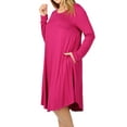 thumbnail image 3 of Womens & Plus Round Neck Long Sleeve Knee Length A-Line Swing Trapeze Dress (Magenta, 1X), 3 of 4