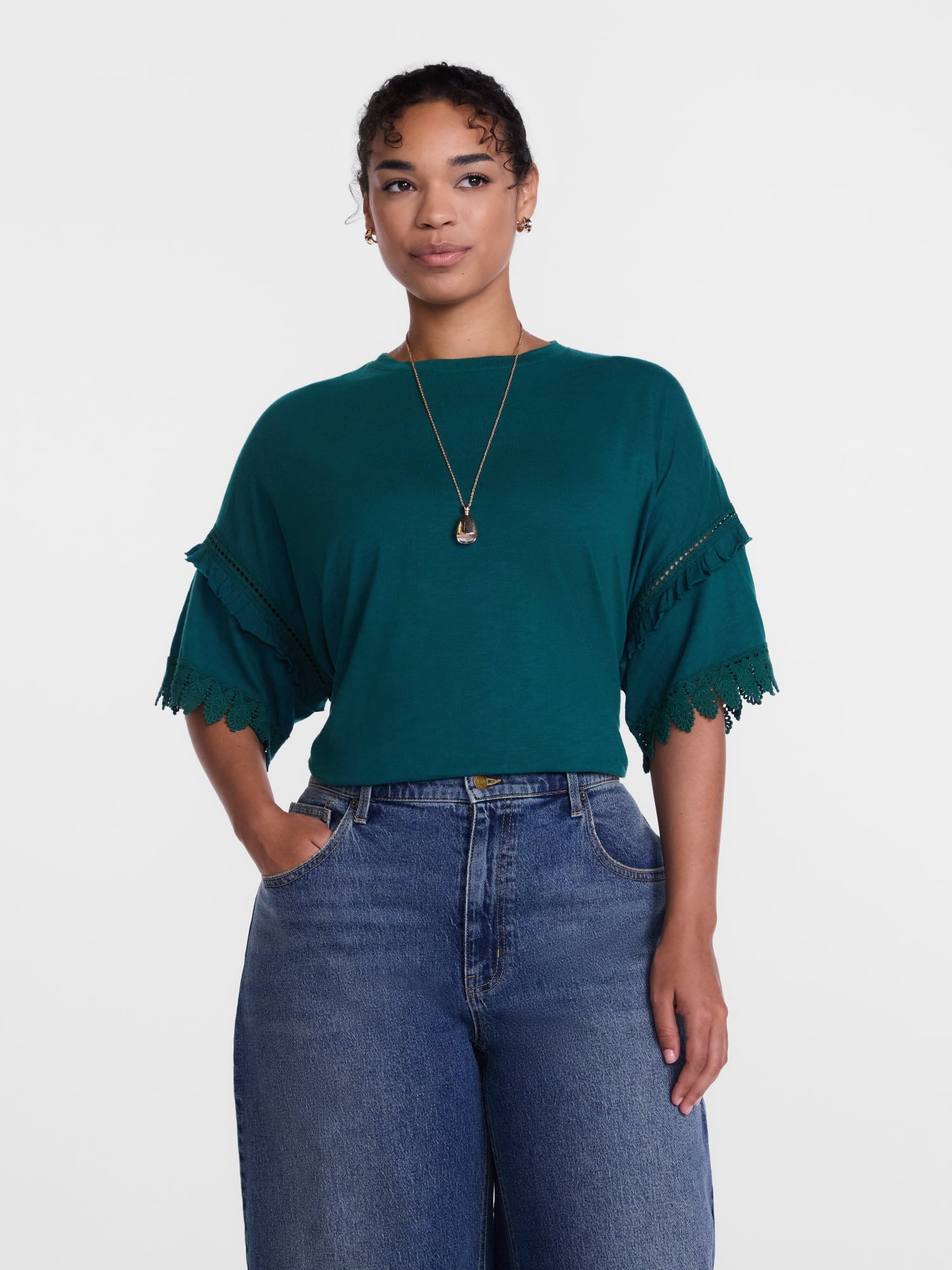 Scenario Women's Lace Trim Tee with Short Sleeves, Size XS-XXXL